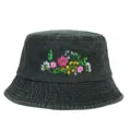 Detailed view of a washed retro bucket hat featuring colorful floral embroidery on cotton - Adjustable / Army Green