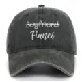 Detailed view of white Fiancé embroidery on vintage washed gray cotton baseball cap - Adjustable / Army Green (Fiance)