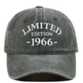 Close-up of white 1966 Limited Edition embroidery on a grey washed baseball cap. - Adjustable / Army Green