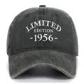 Front view of distressed washed baseball cap with white 1956 embroidery detail - Army Green