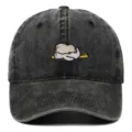 Gewaschene schwarze Denim-Baseballkappe mit niedlicher Wasserschwein-Stickerei - Einheitsgröße / Schwarz