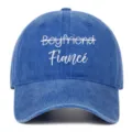 Detailed view of the white Fiancé embroidery on a blue washed cotton baseball cap - Adjustable / Royal Blue (Fiance)