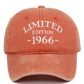 Detailed view of white 'LIMITED EDITION 1966' embroidery on distressed orange cap - Adjustable / Orange