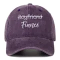Detailed close-up of white Fiancé embroidery on purple washed cotton baseball cap - Adjustable / Purple (Fiance)