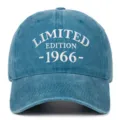 Close-up of embroidered LIMITED EDITION 1966 text on blue washed baseball cap - Adjustable / Lake Blue