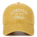 Detail of white 'Limited Edition 1966' embroidery on a washed yellow cotton baseball cap - Adjustable / Yellow