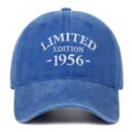 Front detail view of distressed blue baseball cap with white 1956 Limited Edition embroidery - Sapphire Blue