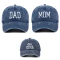 Ensemble de trois casquettes de baseball en jean délavé brodées pour papa, maman et sœur - Taille unique / Pack de 3 (Styles Dad, Mom, Sister) / Bleu marine