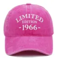 Detail view of white embroidery 'LIMITED EDITION 1966' on pink washed cotton baseball cap - Adjustable / Rose Red