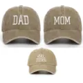 Lot de trois casquettes en coton délavé brodées pour papa, maman et grande sœur. - Taille unique / Pack de 3 (Styles Dad, Mom, Sister) / Kaki