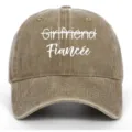 Close-up of embroidered Fiancée text on a washed vintage khaki baseball cap - Adjustable / Khaki (Fiancee)