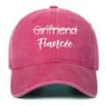 Detail view of rose-red washed cotton baseball cap with white Fiancée embroidery detail. - Adjustable / Rose Red (Fiancee)