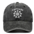 Detail of vintage washed cotton baseball cap with white Captain and ship wheel embroidery - Adjustable / Black