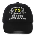 Detailed view of 75th birthday embroidery on a black cotton washed baseball cap - Adjustable / 75th Birthday Style
