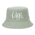 Close-up of white cursive 'Gigi' embroidery on a sage green cotton bucket hat - Adjustable / Azure Blue