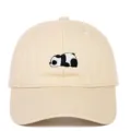 Close-up of beige soft-top baseball cap featuring a cute panda embroidery detail. - Adjustable / Off White