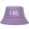 Detailed white 'Gigi' script embroidery on a soft purple cotton bucket hat accessory. - Adjustable / Purple