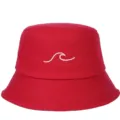 Detailed view of a vibrant red bucket hat featuring a white minimalist wave embroidery. - Adjustable / Rose Red