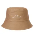 Detailed close-up showing the white wave embroidery on a brown canvas bucket hat - Adjustable / Khaki