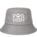 Primer plano de un sombrero de pescador de algodón gris con bordado blanco DOG MOM - Ajustable / Gris