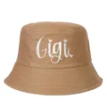 Detailed view of Gigi cursive embroidery on high-quality khaki cotton sun bucket hat. - Adjustable / Khaki