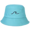 Close-up view of a light blue cotton bucket hat with black wave embroidery pattern - Adjustable / Lake Blue
