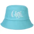 Close-up of a sky blue cotton bucket hat featuring white Gigi letter embroidery detail - Adjustable / Lake Blue