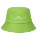 Detailed view of white wave embroidery on a lime green cotton bucket hat for summer - Adjustable / Grass Green