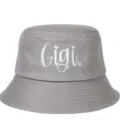 Close-up of white Gigi embroidered lettering on a premium grey cotton sun bucket hat - Adjustable / Gray