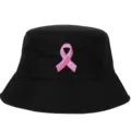 Detailed view of pink ribbon breast cancer awareness embroidery on black bucket hat - Black