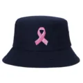 Detailed front view of navy blue bucket hat featuring pink ribbon breast cancer awareness embroidery - Navy Blue