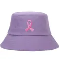 Detailed view of a purple bucket hat featuring a pink breast cancer ribbon embroidery - Purple
