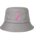Close-up of a gray bucket hat with pink ribbon breast cancer awareness embroidery - Gray