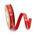 Rotes Weihnachts-Ripsband Detail mit goldener Heißprägung und filigranem Schneeflockenmuster. - 1cmx22m/Rolle / Rot