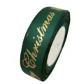 Dunkelgrünes Ripsband mit goldenem Weihnachtstext und Schneeflocken, Detailansicht Stoff. - 2.5cmx22m/Rolle / Grün