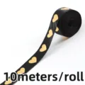 Primo piano nastro di raso nero con cuori dorati, 10 metri per rotolo per confezioni regalo. - 2.5cm 10M/Rotolo / Nero