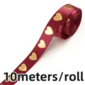 Nastro di raso bordeaux con cuori glitterati dorati, largo 2,5 cm, perfetto per confezionare regali. - 2.5cm 10M/Rotolo / Borgogna