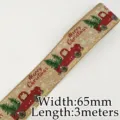 Christmas burlap ribbon with red truck and tree pattern, 65mm wide and 3 meters long for decor. - Khaki