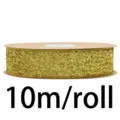 Gold glitter flocked ribbon roll detail view showing sparkly texture and 10m length. - Gold