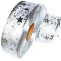 Vista dettagliata del nastro trasparente con stelle argentate e bordo metallico. - 2 Metri/Sacco / Argento