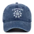 Front view of vintage washed navy blue baseball cap with white Captain embroidery - Adjustable / Navy Blue