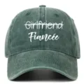 Close-up of embroidered Fiancée text on a vintage washed green cotton baseball cap. - Adjustable / Grass Green (Fiancee)