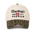 Front detail of embroidered Cowboys and Tequila trucker hat with leopard print brim - Adjustable / Beige/Leopard Print