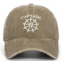 Front detail of vintage washed khaki baseball cap with white Captain embroidery - Adjustable / Khaki