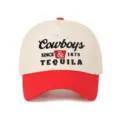 Front view of beige and red trucker hat with Cowboys and Tequila embroidery design - Adjustable / Beige/Red