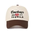 Detail view of Cowboys and Tequila embroidered 5-panel color-block trucker hat. - Adjustable / Beige and Dark Brown