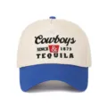 Detailed embroidery of Cowboys and Tequila on a two-tone cream and blue baseball cap. - Adjustable / Beige Patchwork Blue