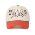 Vue détaillée de face de la casquette de baseball brodée beige et orange style Jésus - Patchwork Orange