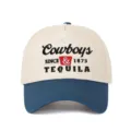 Detail view of Cowboys and Tequila embroidery on retro color-block baseball cap - Adjustable / Beige/Dark Blue