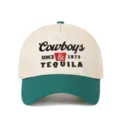 Detailed view of Cowboys and Tequila embroidery on two-tone cream and green baseball cap - Adjustable / Beige and Dark Green